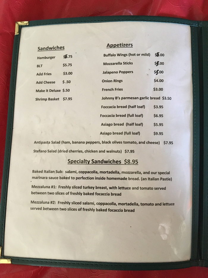 Johnny Bs (Italian Garden) - Menu (newer photo)